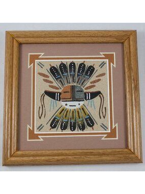 Navajo Art Sandpainting Moon Face by Alfred Yazzie Framed Matted 7x7"